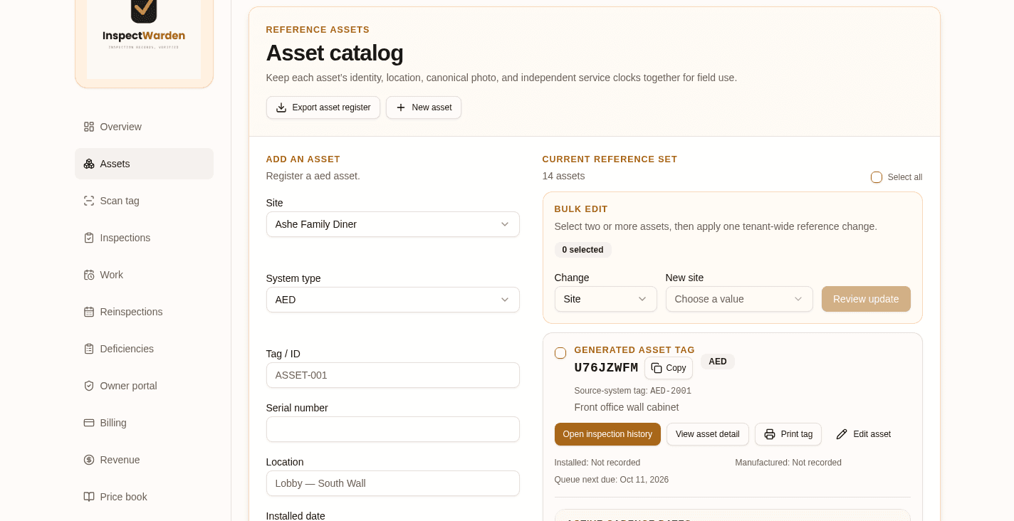 InspectWarden asset catalog with generated asset tags, locations and service dates