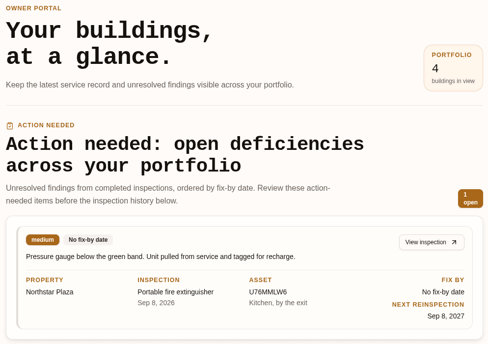 InspectWarden owner portal showing buildings in view and open deficiencies with property, inspection and asset details