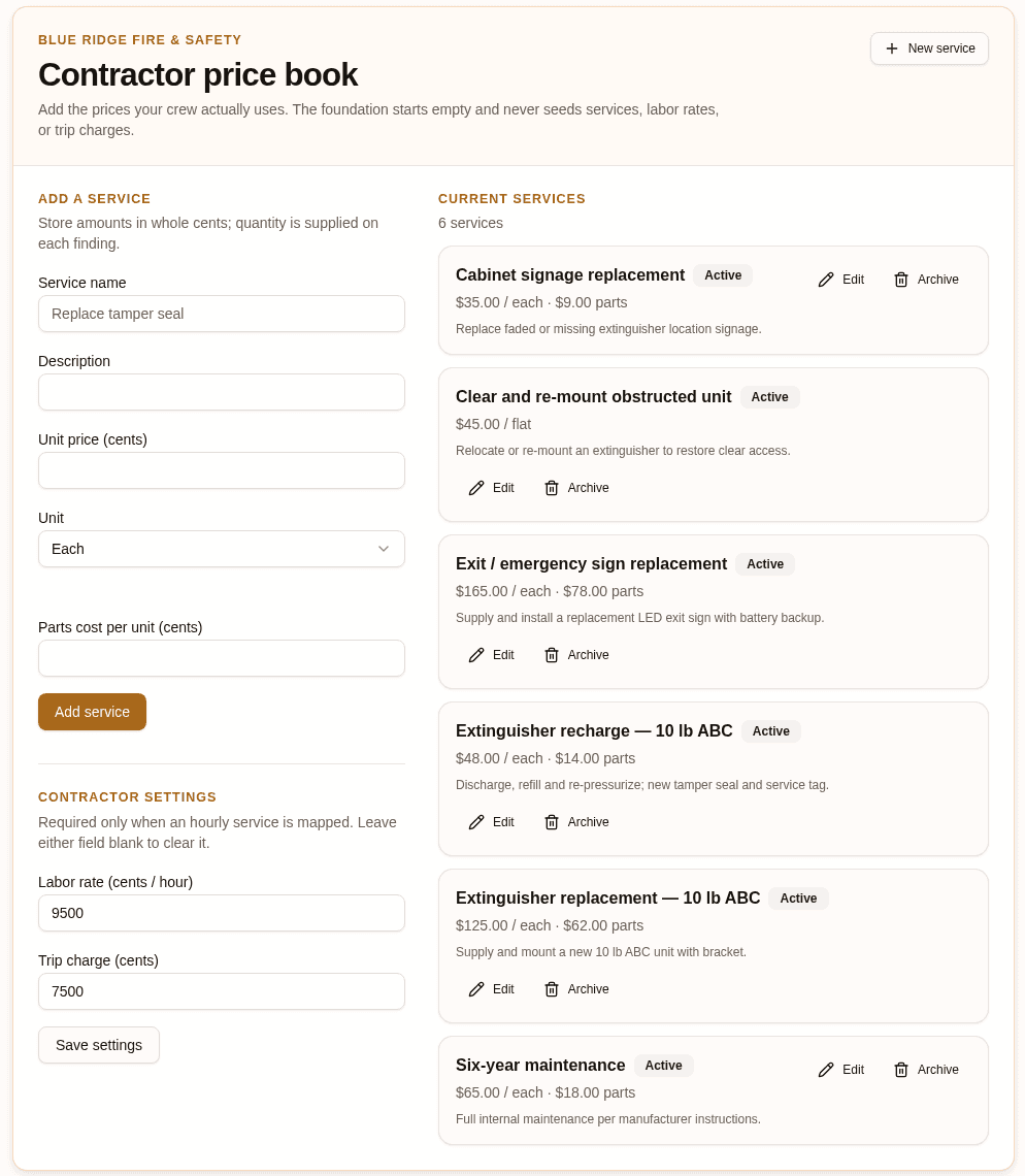 InspectWarden contractor price book with services, unit prices, parts cost, labor rate and trip charge