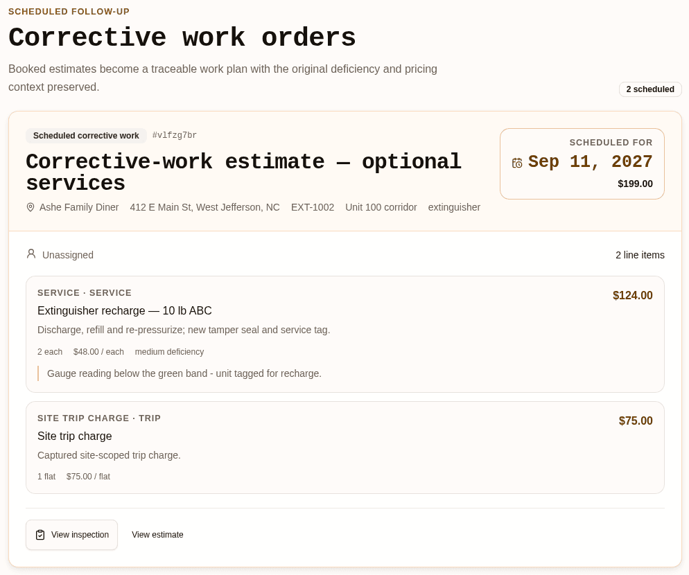 InspectWarden corrective work order created from a booked estimate, showing site, asset, line items and scheduled date